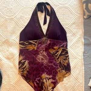 Cache Burgundy, printed & Beaded Halter style top